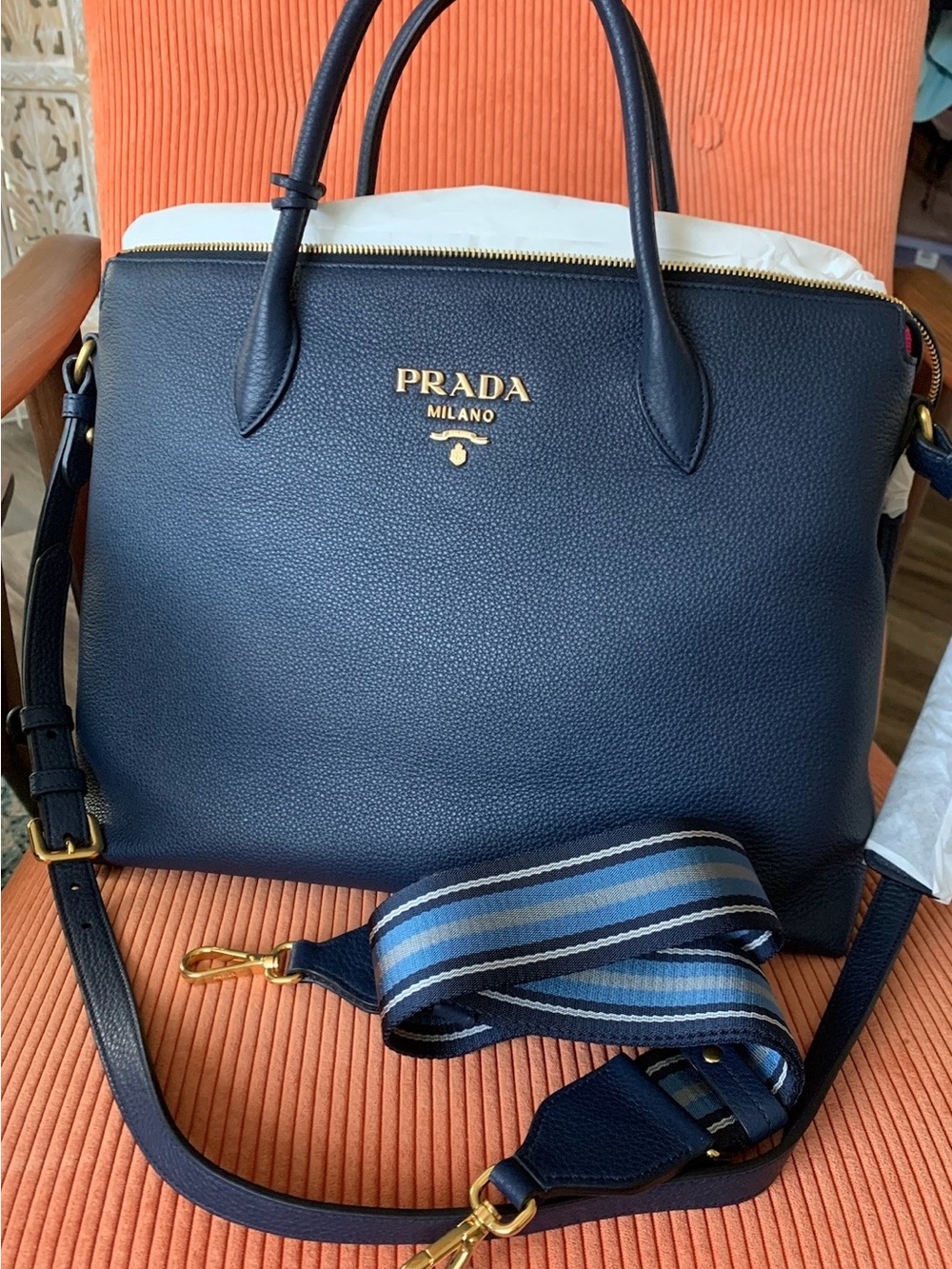 Prada Vitello Daino 2 Strap Navy Leather Bag with Striped Strap